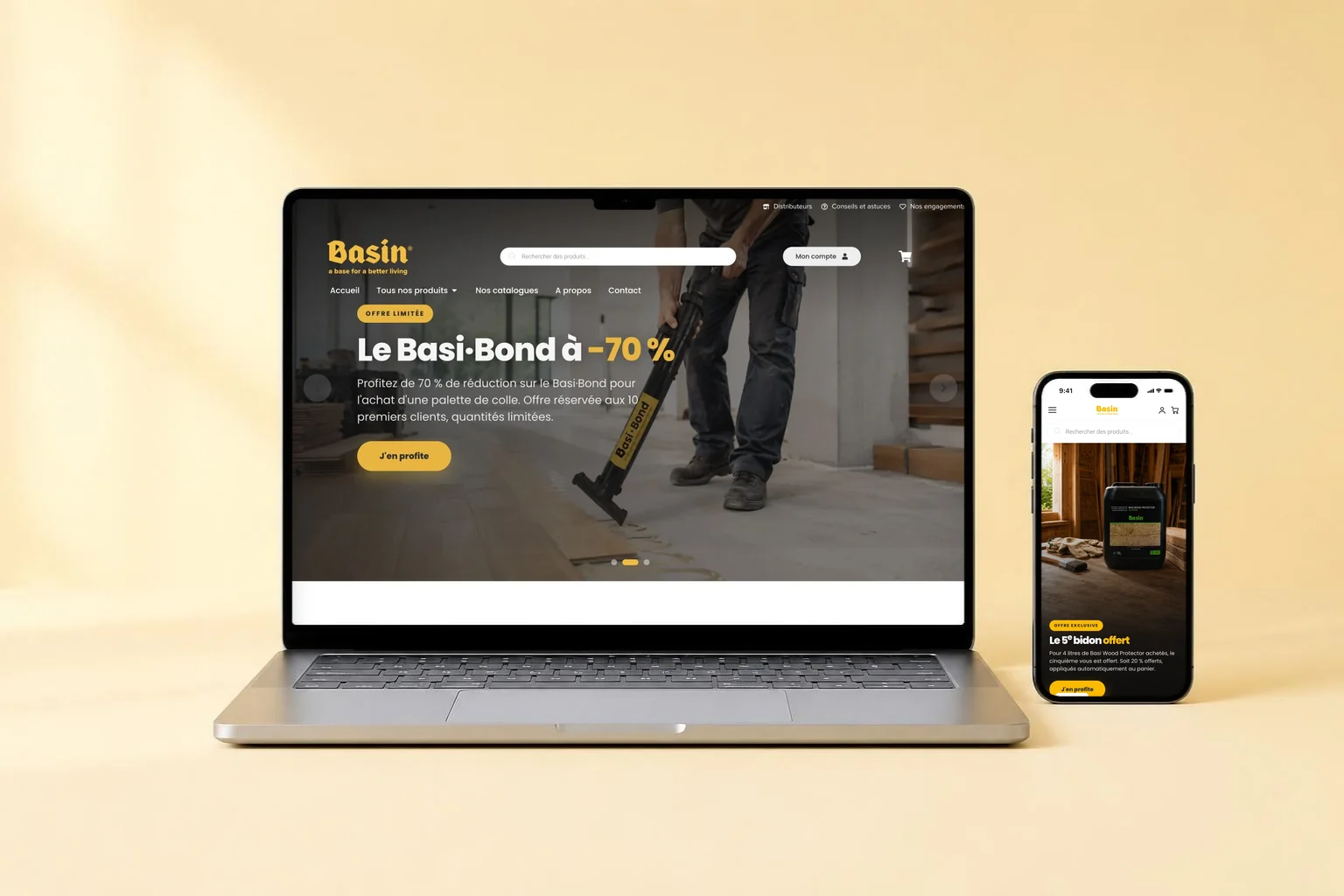 Le site Basin affiché sur un ordinateur portable et sur un téléphone