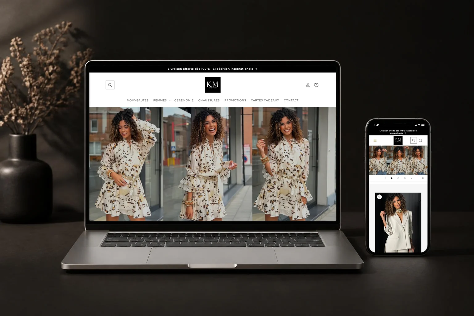 Le site Kenza Mode affiché sur un ordinateur portable et sur un téléphone