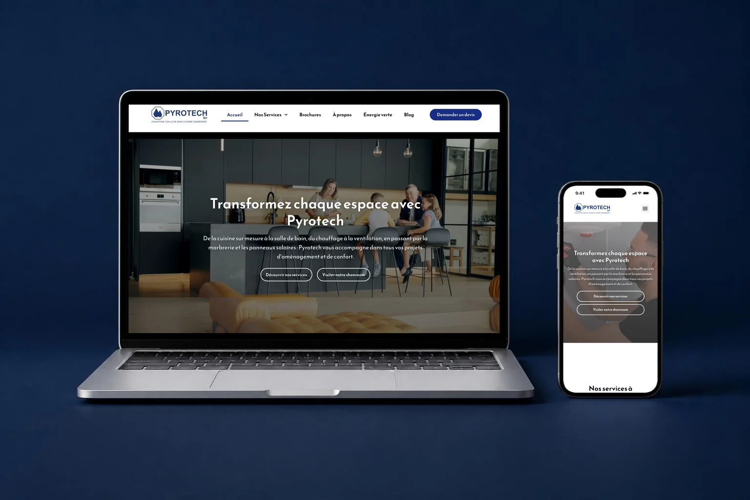 Le site Pyrotech affiché sur un ordinateur portable et sur un téléphone